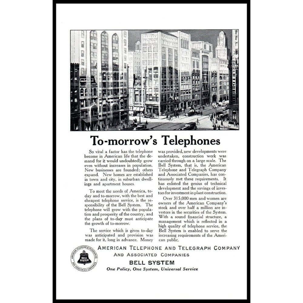 1924 AT&T Bell Telephone System Vintage Print Ad Downtown City Street Wall Art
